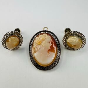 Vintage Cameo Filigree Brooch Pendant and Clip Earrings Set 12K Gold Filled